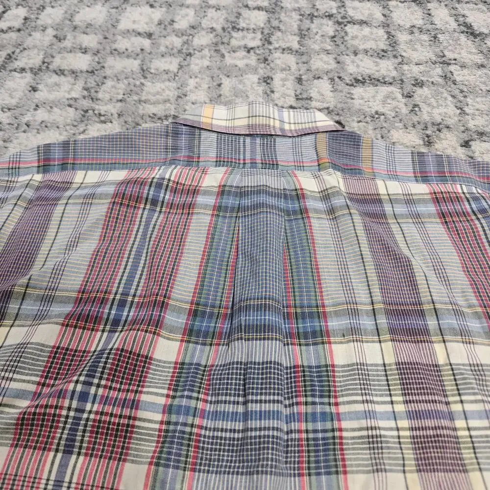 Vintage Ralph Lauren Mens XL Madras Plaid Shirt Short Sleeve Hand Woven Blue